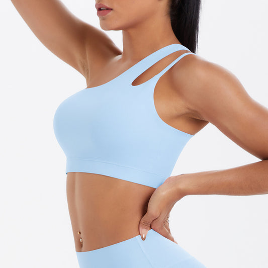 Solid Color One Shoulder Beauty Back Yoga Bra Nude Feel Push up Sports Bra Irregular Asymmetric Shoulder Strap Sports Vest for Women - Iyanka