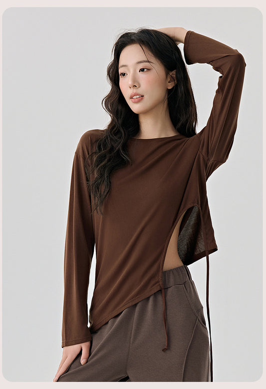 Casual Loose High-Grade Yoga Clothes Blouse Women Side Drawstring Workout Blouse Thin Breathable Sportswear Long Sleeve - Iyanka