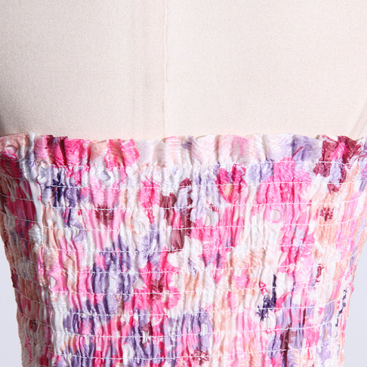 Seaside Beach Vacation Summer Tube Top Floral Print Slim Fit Ruffled Dress for Women