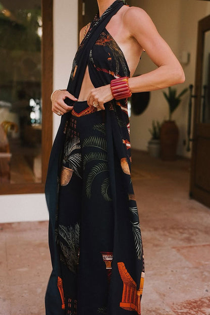 Summer Vintage Print Straight Wide Leg Pants Cross Halterneck Top Two Piece Sets - Iyanka
