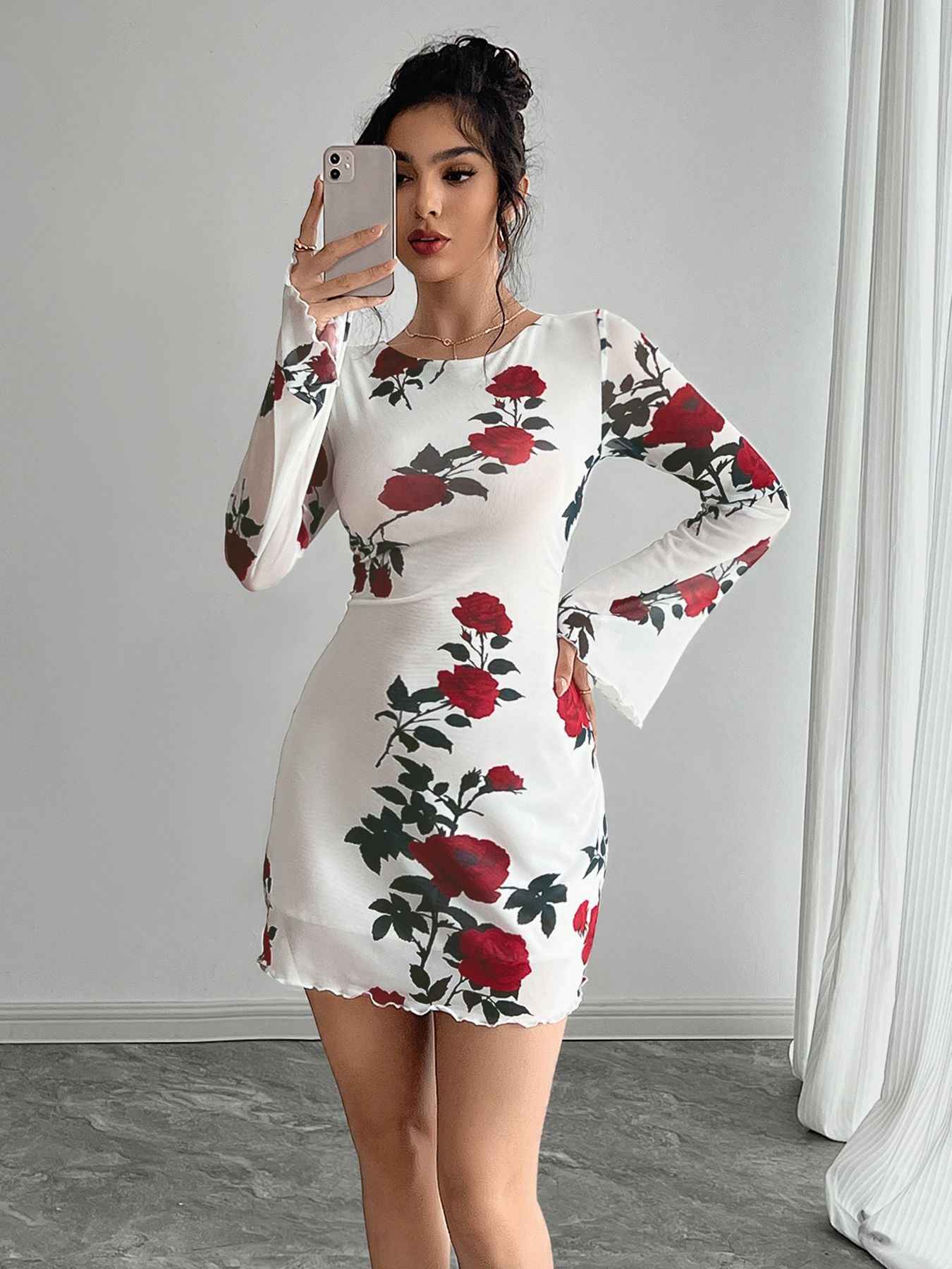 Spring Summer Backless Floral Mini Dress with Gauzy Bell Sleeves