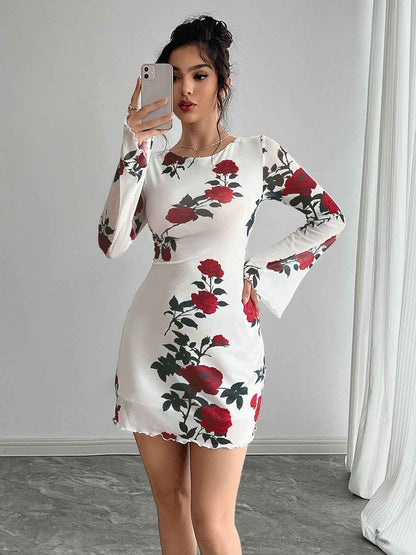 Spring Summer Backless Floral Mini Dress with Gauzy Bell Sleeves