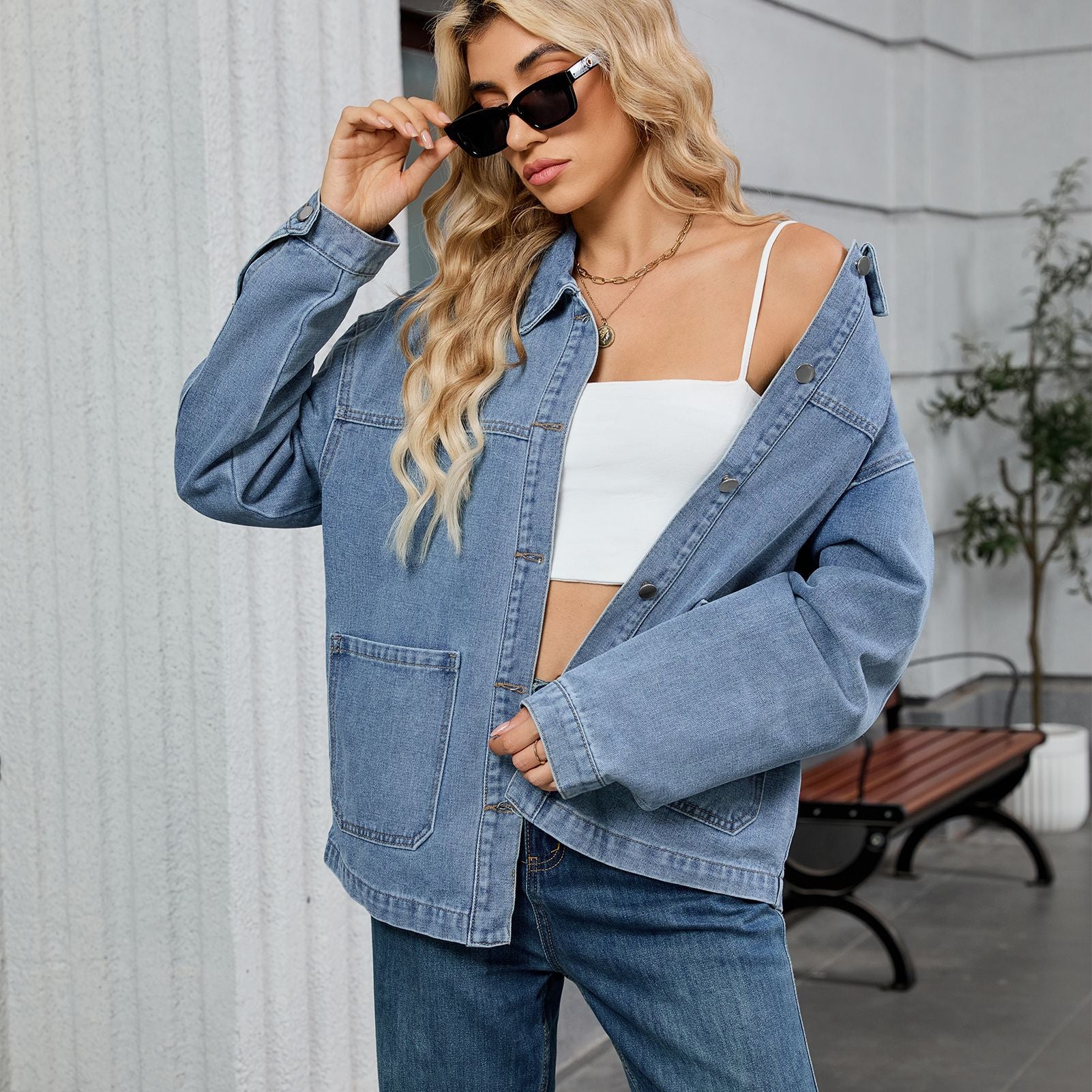 Women Clothing Retro Loose Casual Long Sleeve Coat Early Autumn Polo Collar Denim Coat - Iyanka