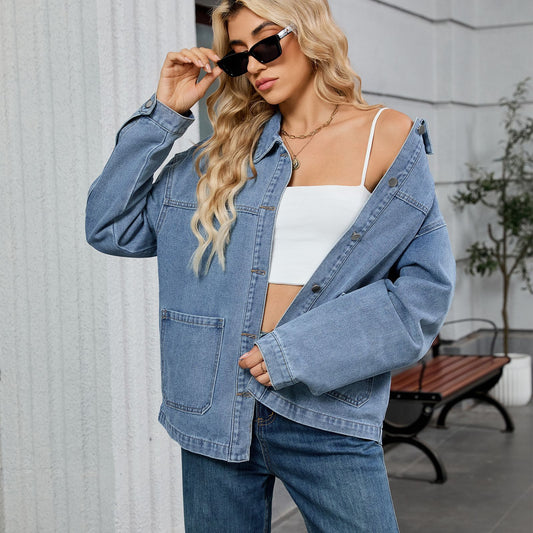 Women Clothing Retro Loose Casual Long Sleeve Coat Early Autumn Polo Collar Denim Coat - Iyanka