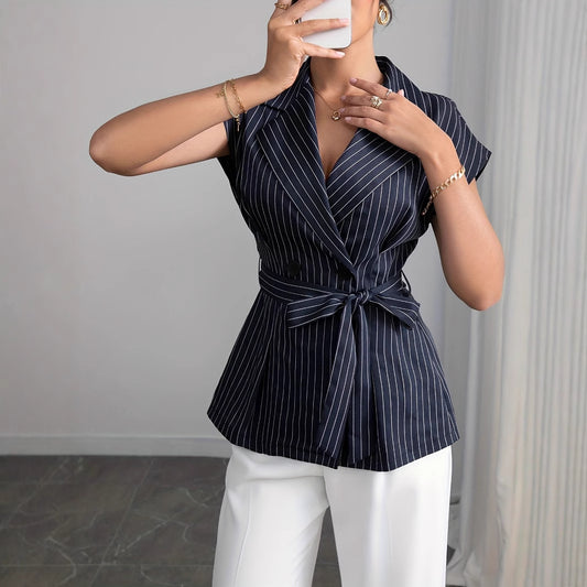 Elegant Collared Cardigan Short Sleeve Blazer Double Row Button Lace up Waist Controlled Design Shirt Women - Iyanka