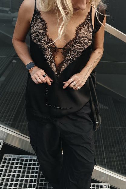 Sexy Lace Stitching Deep V Plunge neck Strap Inner Wear Blouse Vest