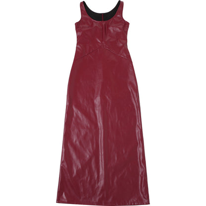 Autumn Sexy U Collar Slim Strap Faux Leather Solid Color Split Maxi Dress Women - Iyanka