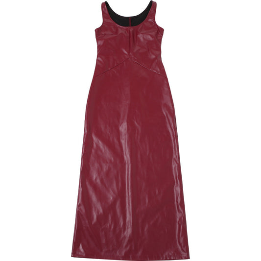 Autumn Sexy U Collar Slim Strap Faux Leather Solid Color Split Maxi Dress Women - Iyanka