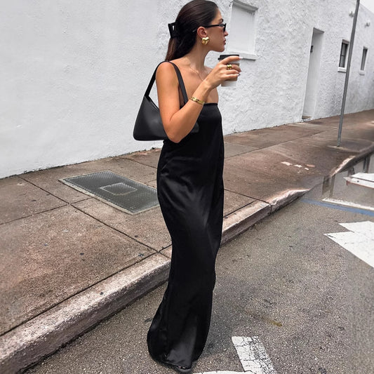 Black Sexy Tube Top Satin High Waist Loose Dress Summer Dress Women - Iyanka
