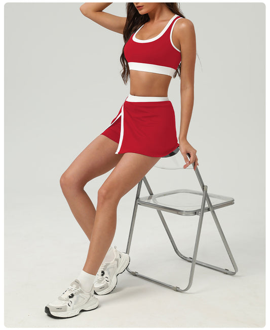 Contrast Color Sports Bra Tennis Skirt Set Women Quick Drying Anti Emptied Pantskirt Sports Set - Iyanka