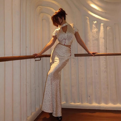 Elegant High Grade Polka Dot Satin Fishtail Skirt Skirt V neck Short Top Sexy Two Piece Sets - Iyanka