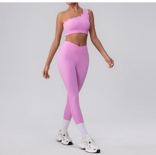Yoga Wear Lace One Shoulder Bra off Shoulder Sports Vest Women Cross High Waist Fitness Pants - Iyanka