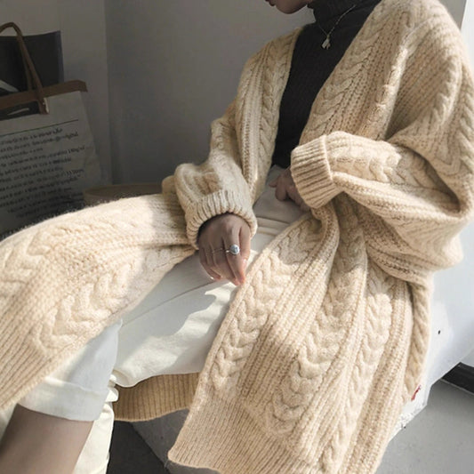 Autumn Winter Mid Length Knitted Cardigan Retro Thick Loose Cable Knit Sweater Coat for Women - Iyanka