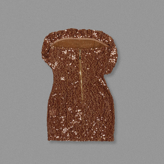 Premium Brown Sequined Evening Dress Three Dimensional Floral Ruffled Design Star Same Slim Fit Dress - Iyanka