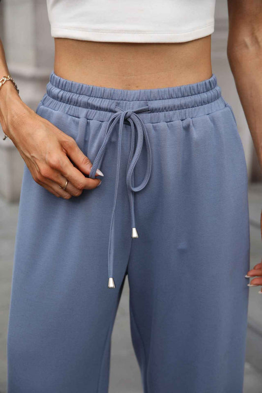 Autumn Winter Solid Color Elastic Waist Drawstring Pocket Wide Leg Pants Trousers for Women