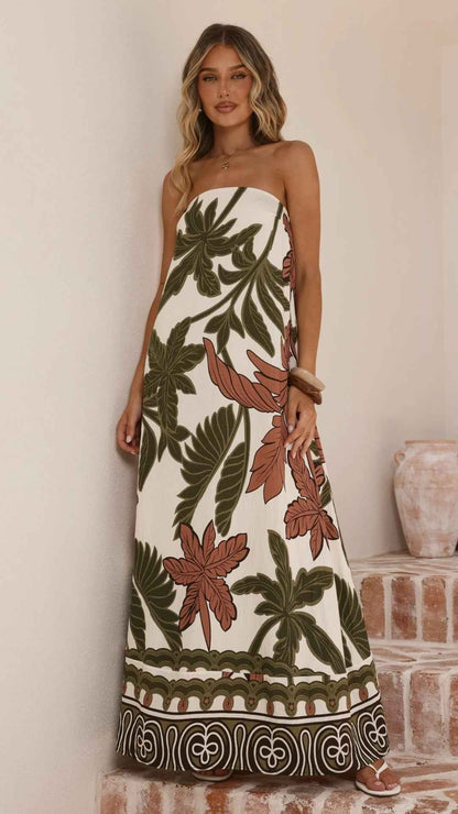 Summer Printed Maxi Dress French Vacation Sexy Bandeau Dress
