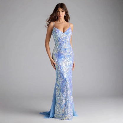 Women Party V neck Blue SequinSexy Dress Evening Dress - Iyanka