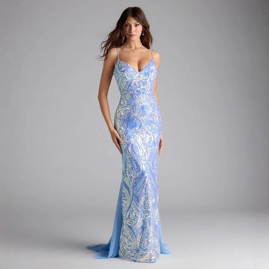 Women Party V neck Blue SequinSexy Dress Evening Dress - Iyanka