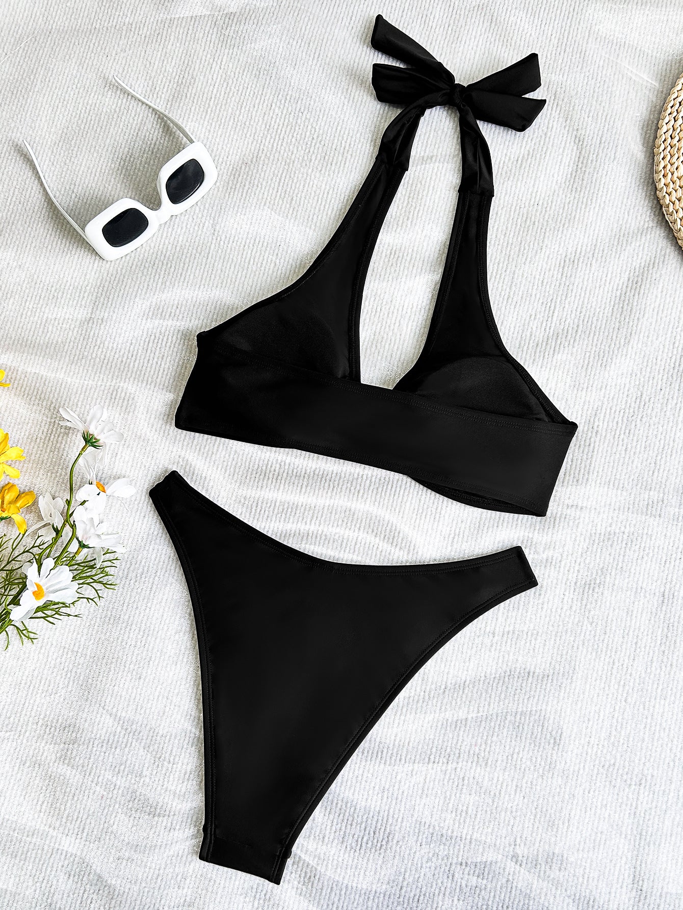 Bikini Solid Color Halter Lace up Sexy Bikini Split Swimsuit Swimwear - Iyanka