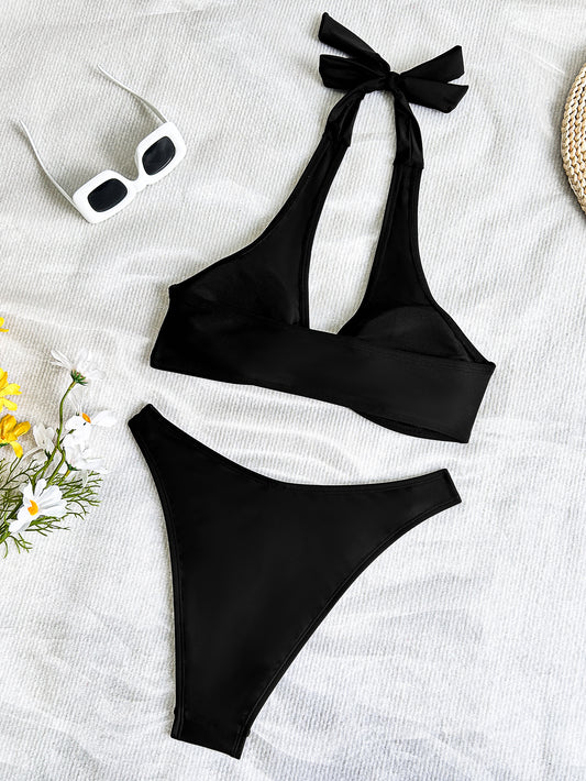 Bikini Solid Color Halter Lace up Sexy Bikini Split Swimsuit Swimwear - Iyanka