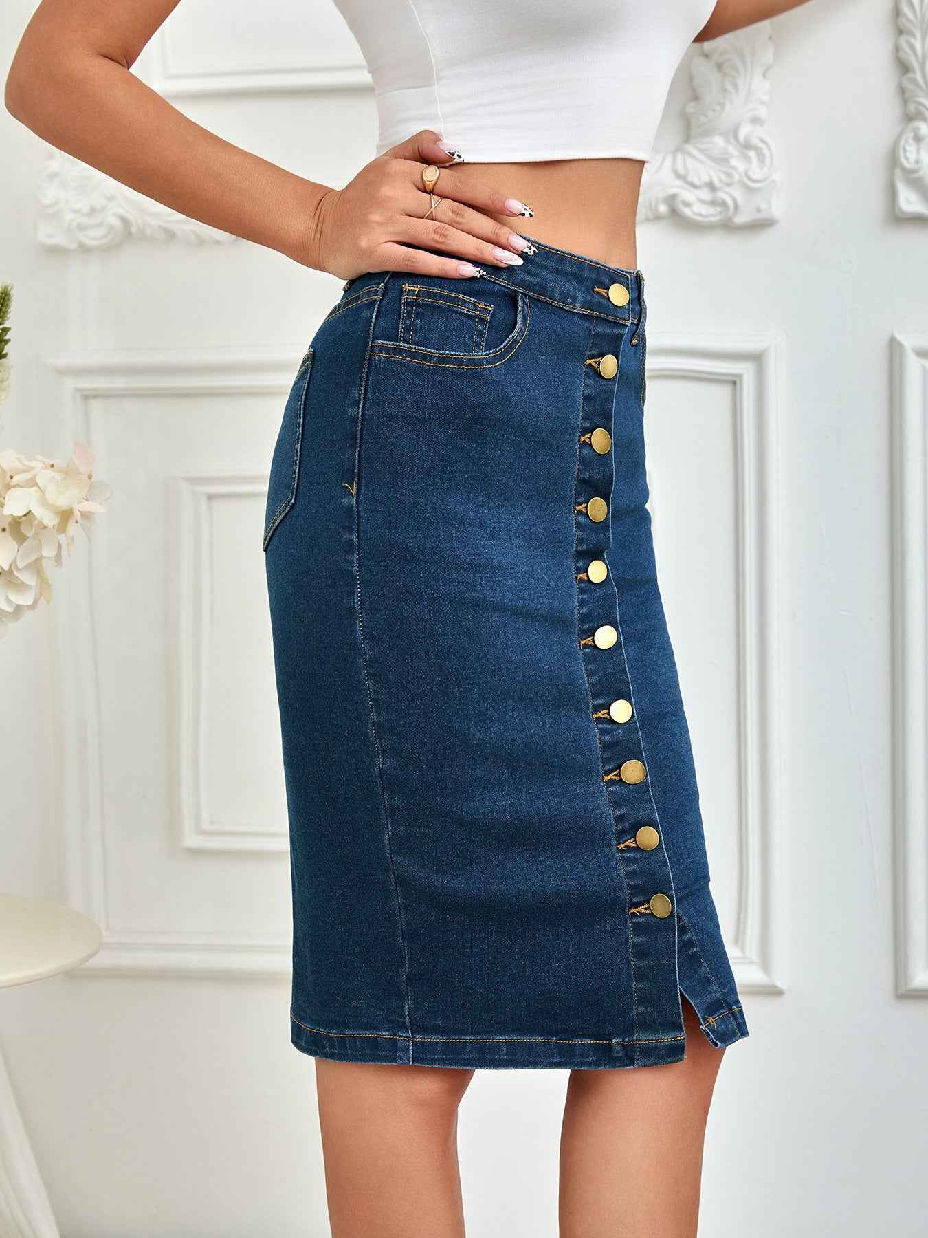Ladies One Piece Front Row Buttons Multi Buckle Sheath Pencil Skirt Stretch Denim Midi Skirt