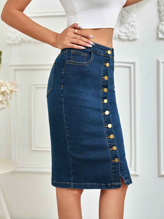 Ladies One Piece Front Row Buttons Multi Buckle Sheath Pencil Skirt Stretch Denim Midi Skirt