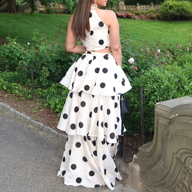 French Polka Dot Sweet Sexy Women ummer Halter Sleeveless Vest High Waist Flounced Skirt Set - Iyanka
