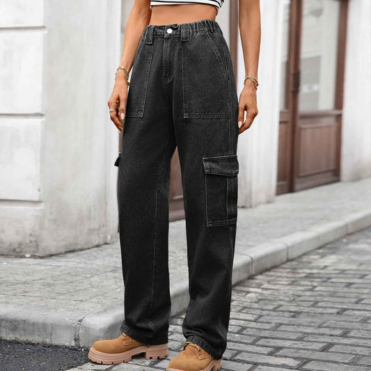 Cargo Jeans Women Autumn Winter Multi Pocket Denim Wide Leg