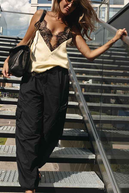 Sexy Lace Stitching Deep V Plunge neck Strap Inner Wear Blouse Vest