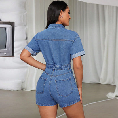 Women Clothing Denim Collared Short Sleeve Waist Controlled Romper - Iyanka
