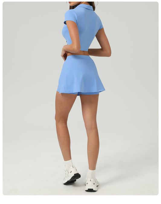 Summer Tennis Skirt Ice Feeling Sun Protection Sports Short Sleeve Top Loose Running Anti Emptied Pantskirt Two Piece Sets - Iyanka