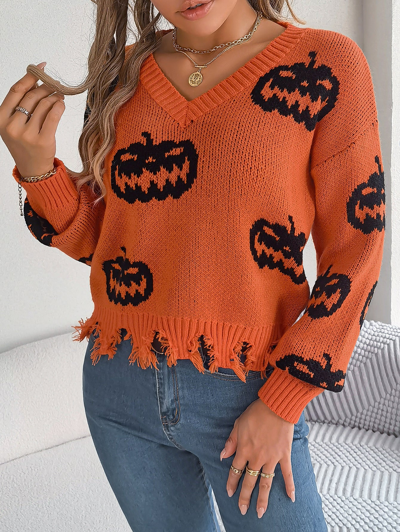 Autumn Winter Halloween Contrast Color Pumpkin Cut Rotten Long Sleeve Pullover Women Clothing - Iyanka