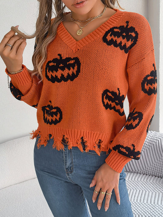 Autumn Winter Halloween Contrast Color Pumpkin Cut Rotten Long Sleeve Pullover Women Clothing - Iyanka