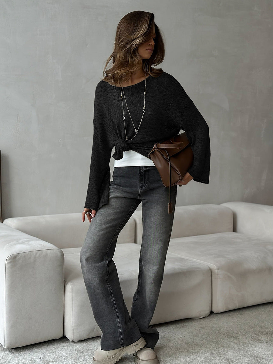 Simple Solid Color Long Sleeved Sweater Spring Knitted Hollow Out Cutout Top Casual Sweater - Iyanka