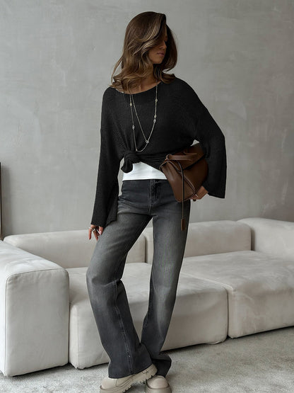Simple Solid Color Long Sleeved Sweater Spring Knitted Hollow Out Cutout Top Casual Sweater - Iyanka