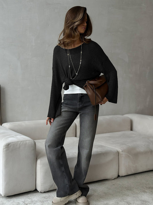 Simple Solid Color Long Sleeved Sweater Spring Knitted Hollow Out Cutout Top Casual Sweater - Iyanka