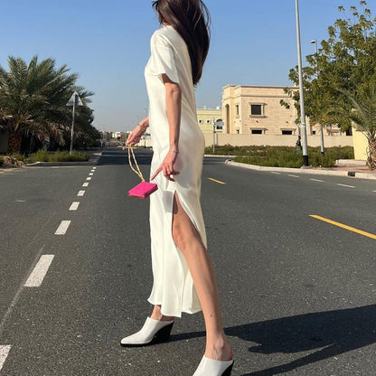 Simple round Neck Short Sleeve High Waist Dress Russian Women Casual Satin Draping Split Sheath Dress - Iyanka