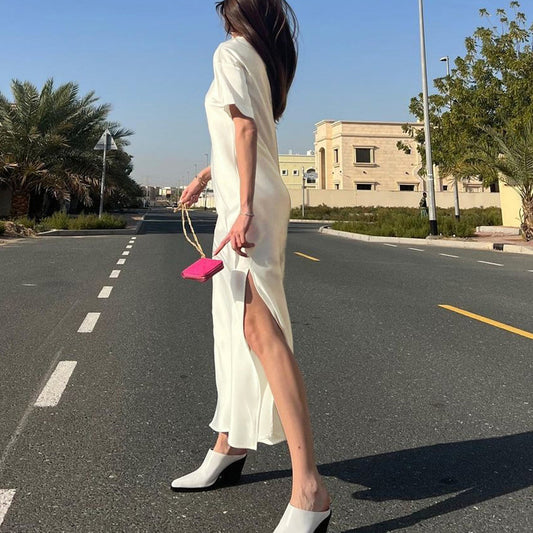 Simple round Neck Short Sleeve High Waist Dress Russian Women Casual Satin Draping Split Sheath Dress - Iyanka