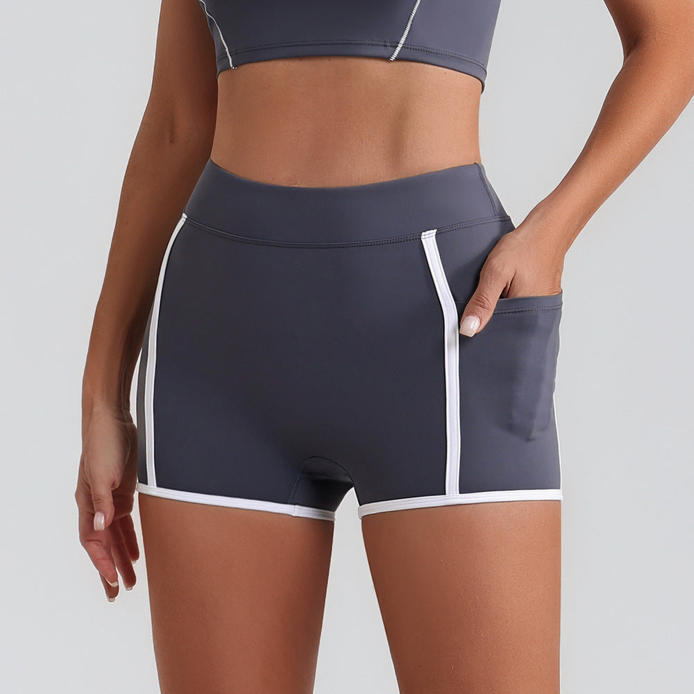Women Yoga Shorts Pocket Nude Feel High Waist Tight Sports Pants Running Fitness Outer Shorts - Iyanka