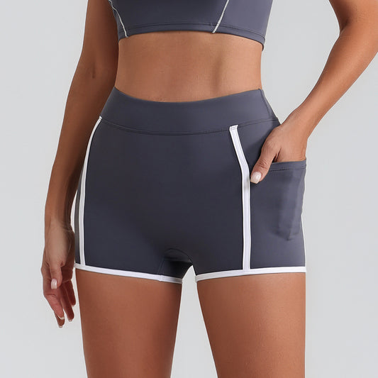 Women Yoga Shorts Pocket Nude Feel High Waist Tight Sports Pants Running Fitness Outer Shorts - Iyanka