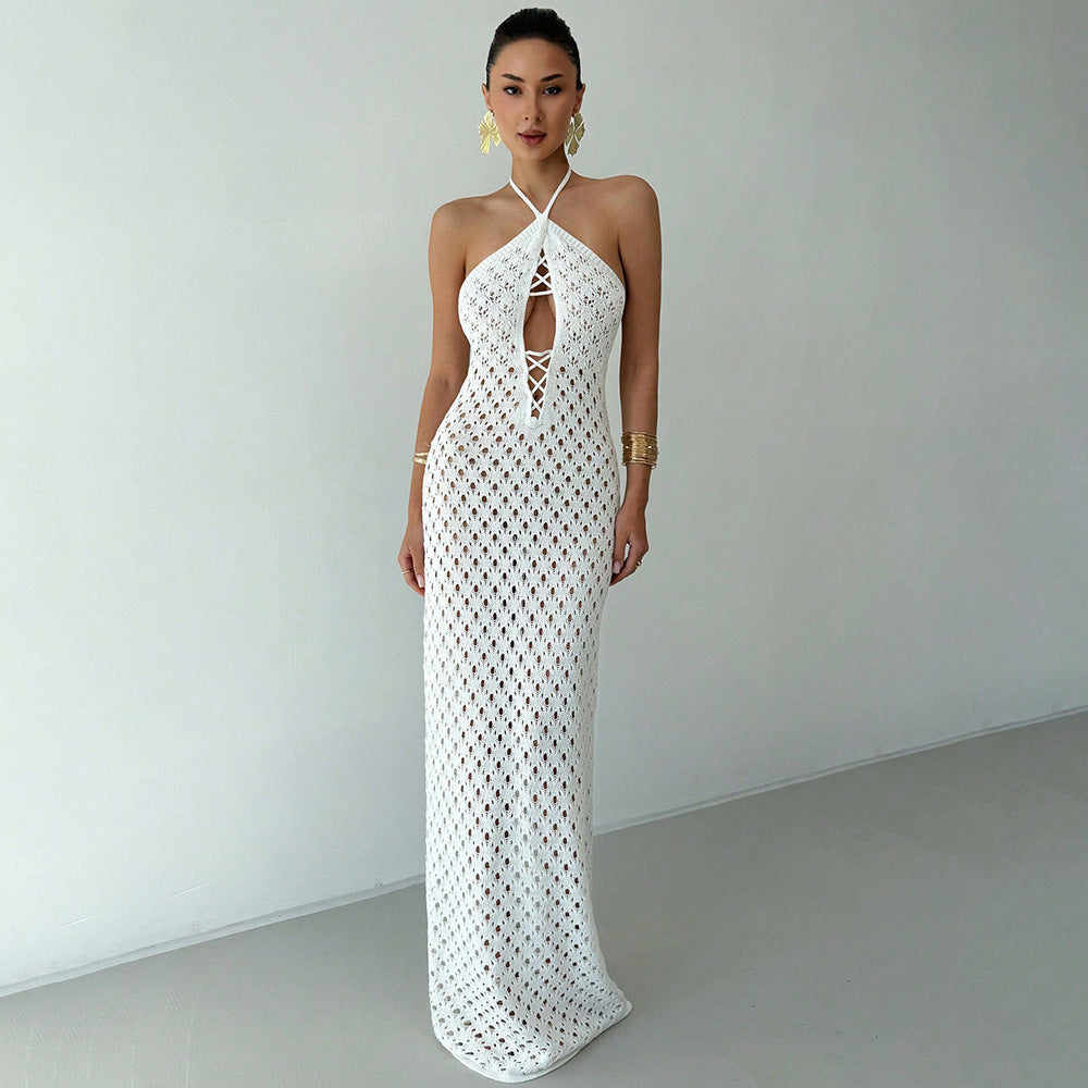 Summer Sexy Cutout Knitted Beach Skirt Bikini Swimsuit Solid Color Dress Women - Iyanka