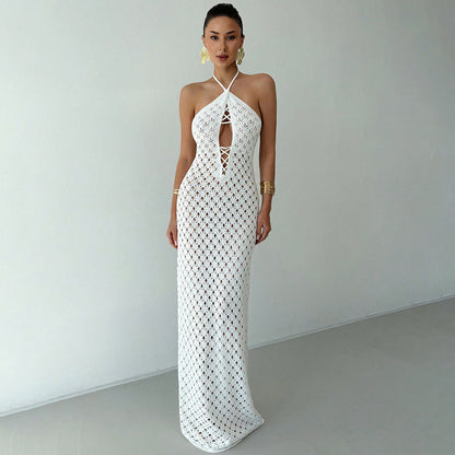 Summer Sexy Cutout Knitted Beach Skirt Bikini Swimsuit Solid Color Dress Women - Iyanka