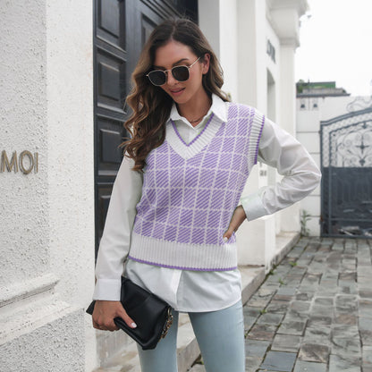Plaid Striped V-neck Vest Sweater Women Vest Outer Wear Inner Wear Autumn Winter Knitwear Sweater - Iyanka
