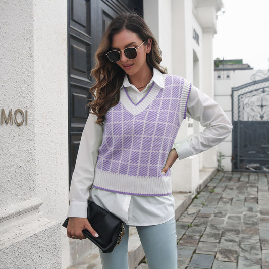 Plaid Striped V-neck Vest Sweater Women Vest Outer Wear Inner Wear Autumn Winter Knitwear Sweater - Iyanka
