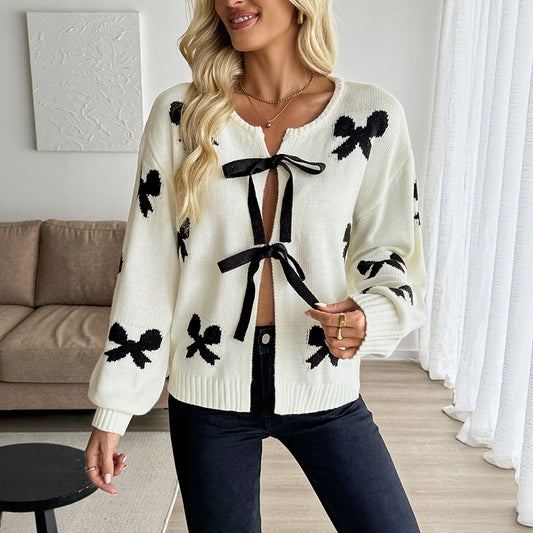 Sweet Design Lace up Bow Pattern Women Sweater Cardigan - Iyanka