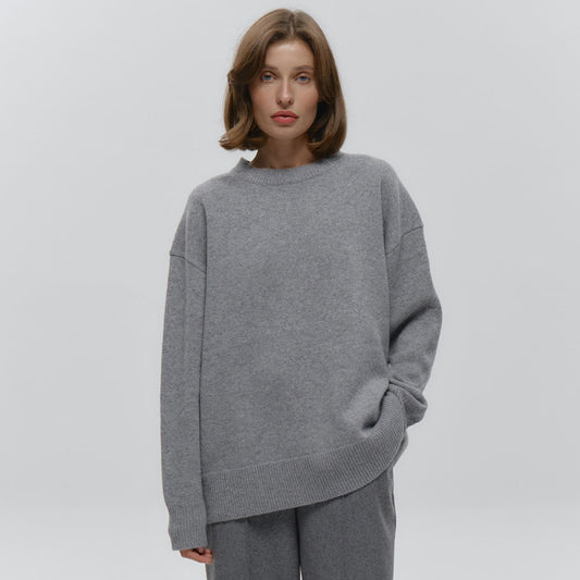 Round Neck Sweater Women Autumn Winter Loose Pullover Sweater Simple Solid Color Sweater - Iyanka