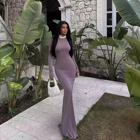 Round Neck Slim Fit Long Sleeved Sexy Backless Sheath Dress Women Clothing