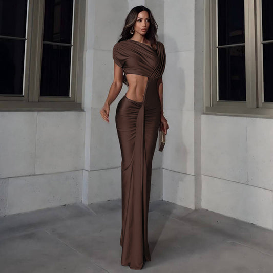 Winter Sexy Slim Fit Cropped Split Dress Solid Color Skinny Sheath Dress