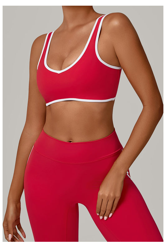 Autumn Sand Contrast Color Wide Shoulder Strap Sports Underwear Shockproof Women One Piece Yoga Bra Outdoor Workout Clothes - Iyanka