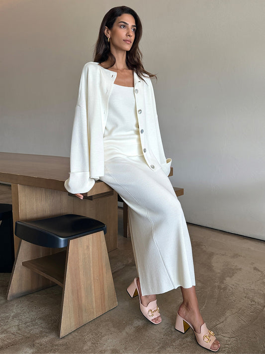 Knitted Long Sleeve Cardigan Camisole Skirt Set Women Autumn Winter Sweater Three Piece Set - Iyanka